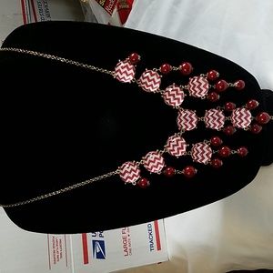 Statement necklace and earring set in  pretty red and white with gold tone